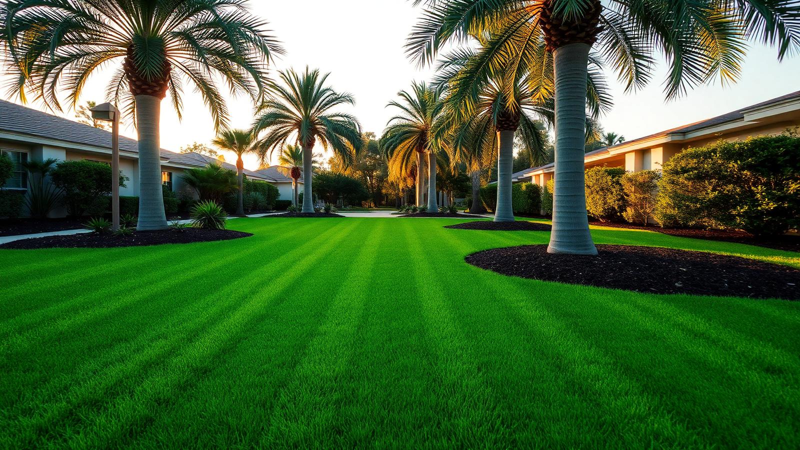 Freshly mowed, striped green lawn with manicured landscaping and palm trees in Lake County, FL